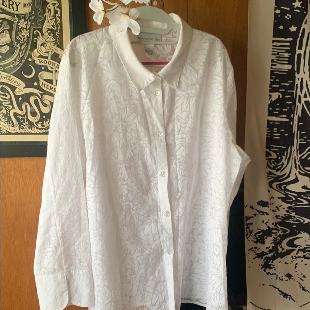 Susan Graver White Floral Button-Up Shirt XL Sheer